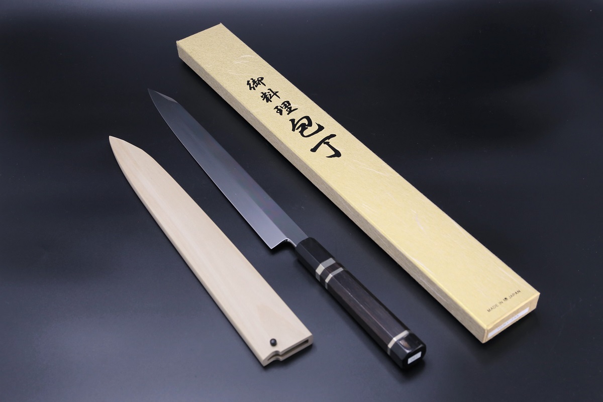 切付柳刃 銀三本焼 300mm 平鏡面 黒檀柄 鞘付き【左利き用】-歌舞伎ナイフ