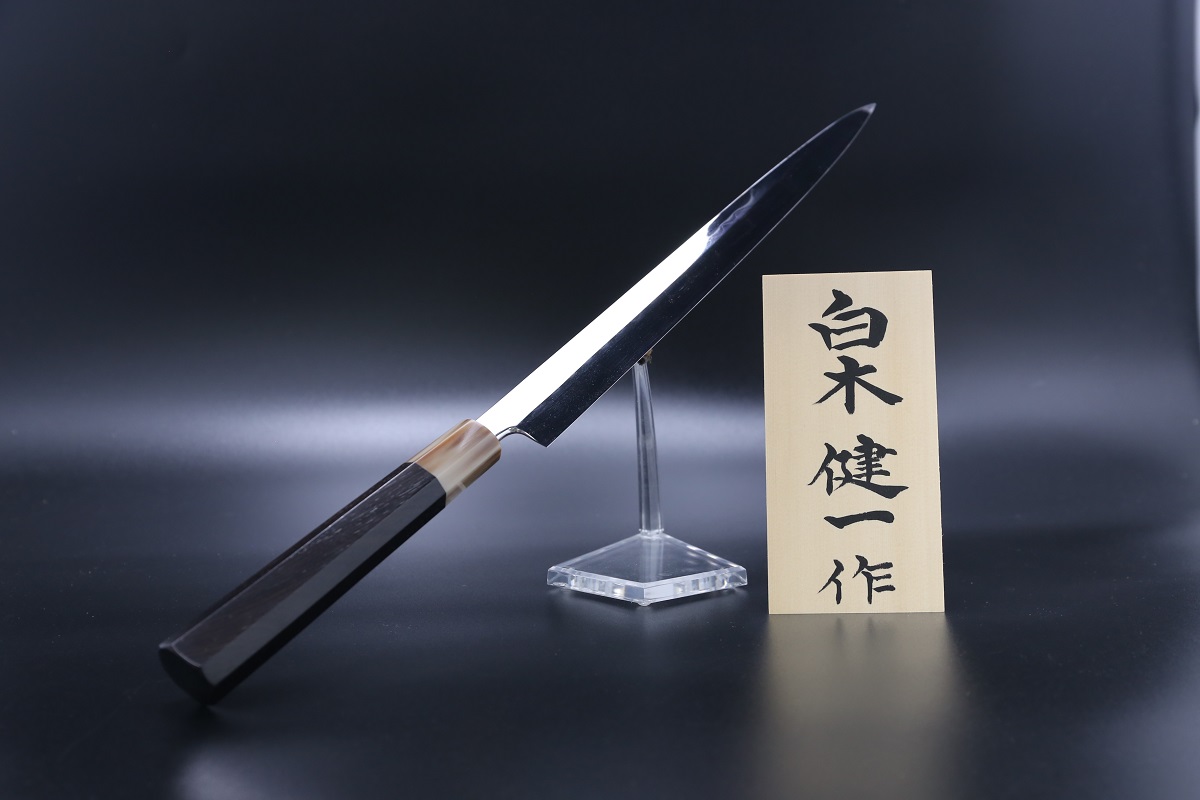 ふぐ引 青鋼 300mm 水本焼 全鏡面 八角黒檀柄 鞘付き 白木健一作-歌舞