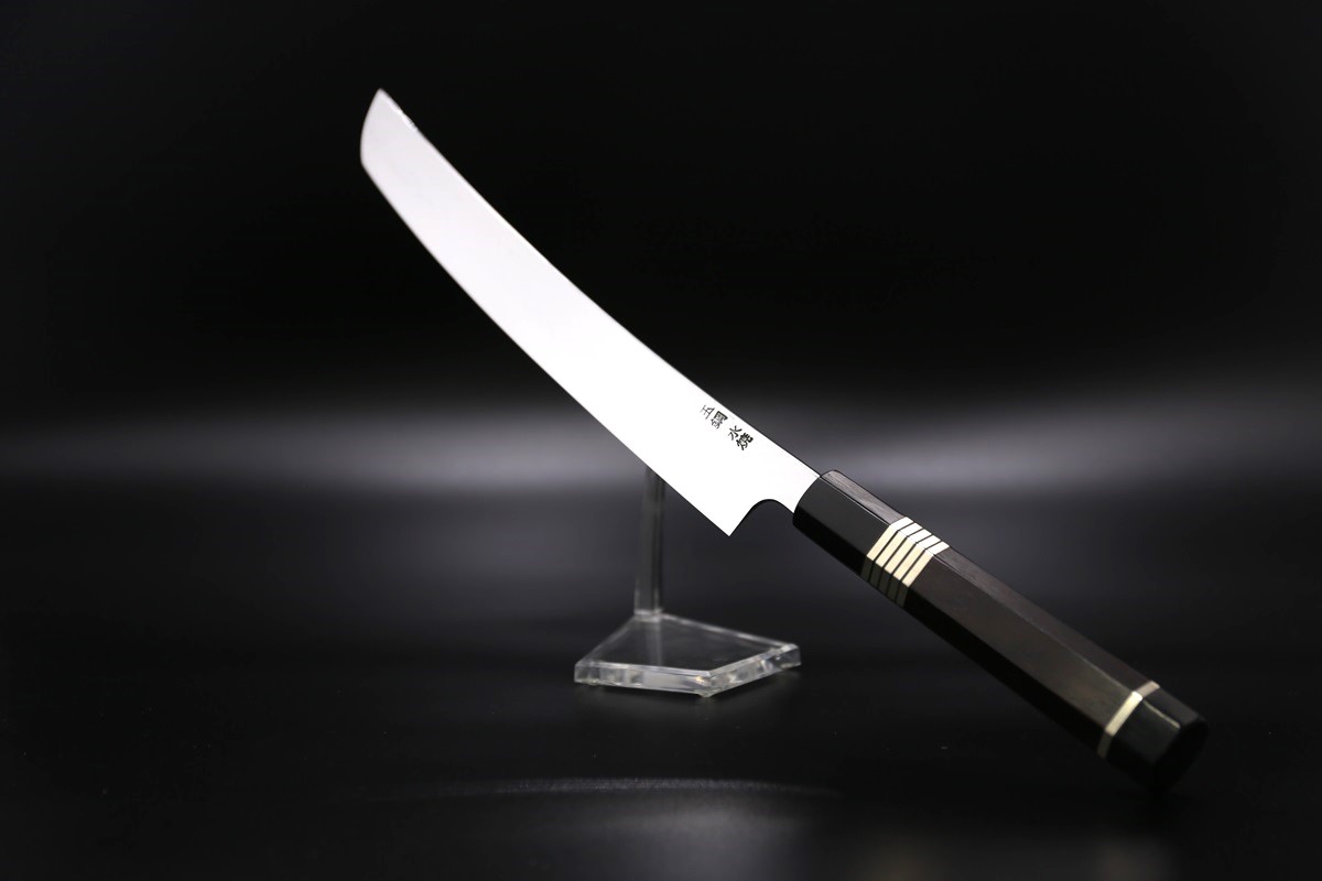 先丸柳刃 玉鋼 300mm 全鏡面仕上 八角黒檀柄 鞘付き 平泰明作-歌舞伎ナイフ