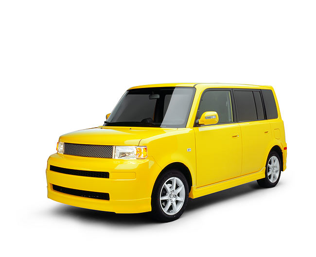 2005 Scion XB Yellow 3/4 Front View On White Seamless Studio