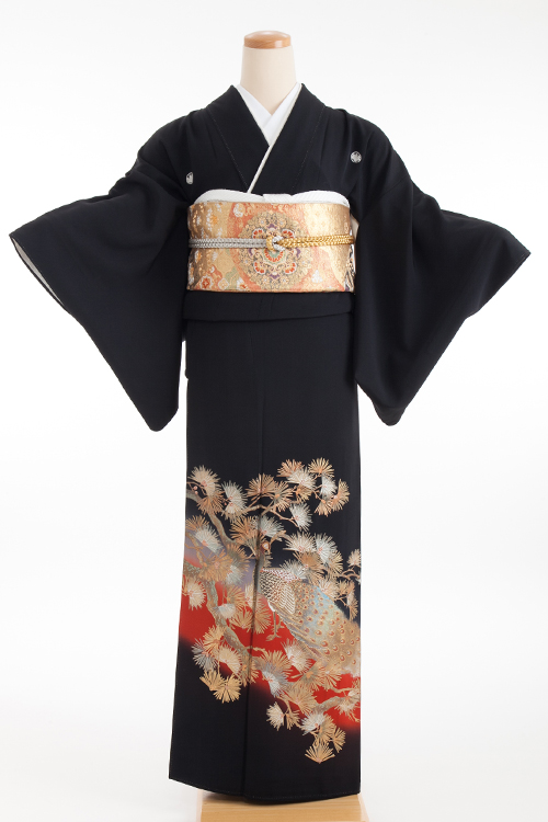 正絹 留袖 レンタル 五つ紋 120004 朱赤系 金の松 孔雀