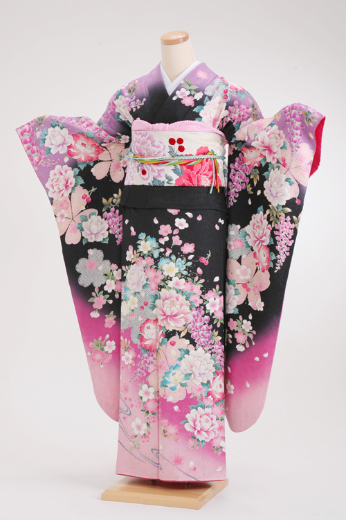 成人式 振袖 レンタル 140104-S 黒地 肩紫 ピンク花