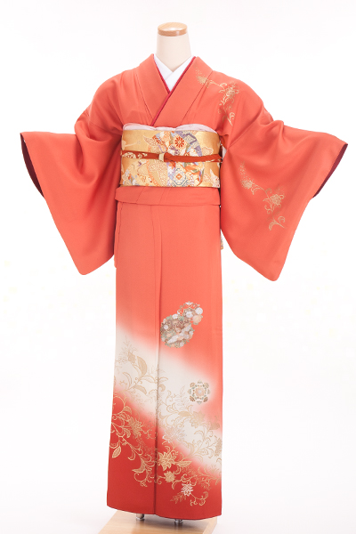 正絹 付下げ・訪問着レンタル 150029 朱赤 白ぼかし 金彩模様