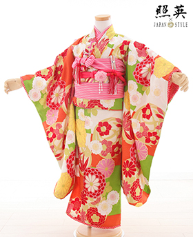 七五三 着物 レンタル 7歳 四つ身セット 320071 照英×JAPAN STYLE 黄緑