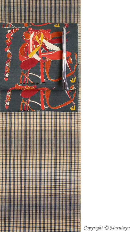 添田敏子 制作：型絵染め九寸名古屋帯/乱菊に蔦 – 創作着物と帯の専門