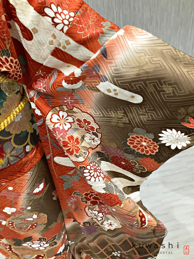 正絹振袖レンタル】 80022 テラコッタオレンジ芍薬蝶正絹振袖袋帯