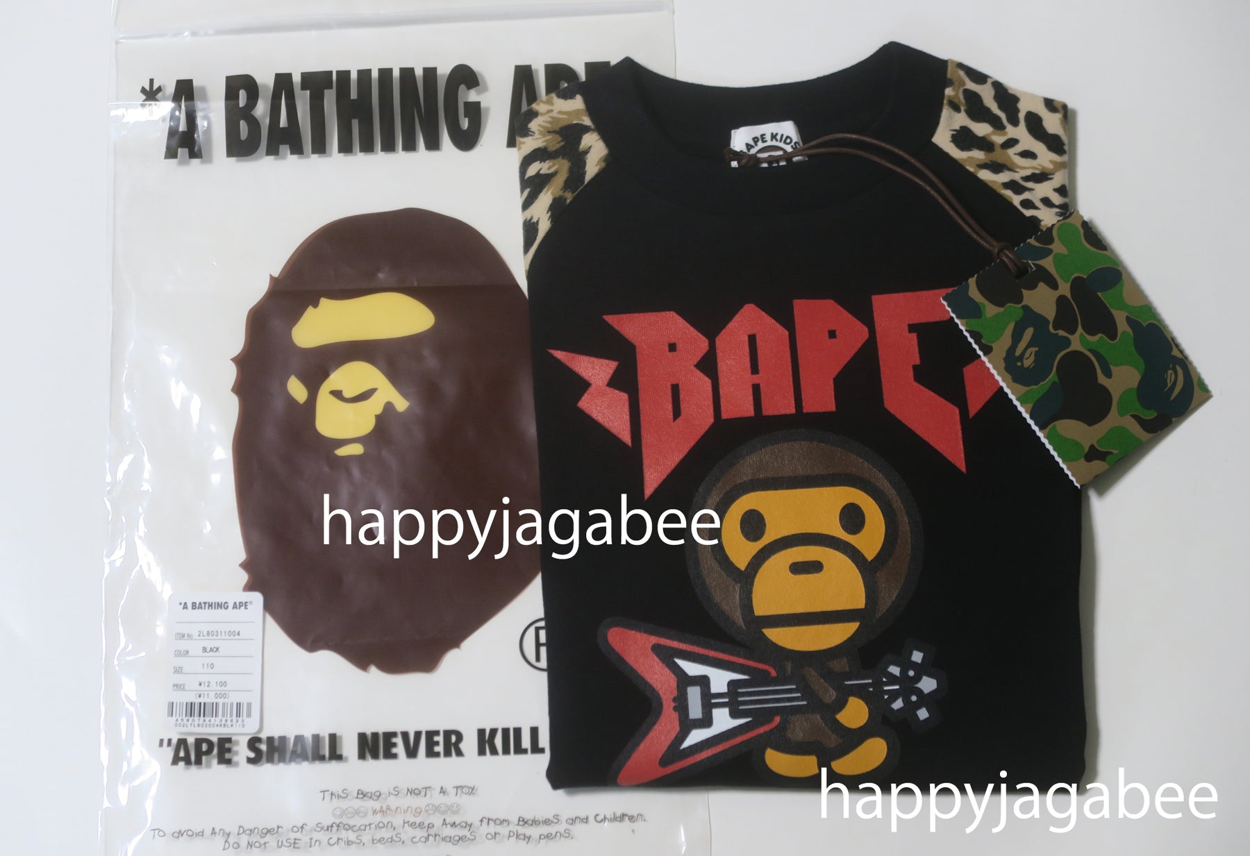 A BATHING APE BAPE KIDS WILD LEOPARD PATTERN BABY MILO RAGLAN L/S