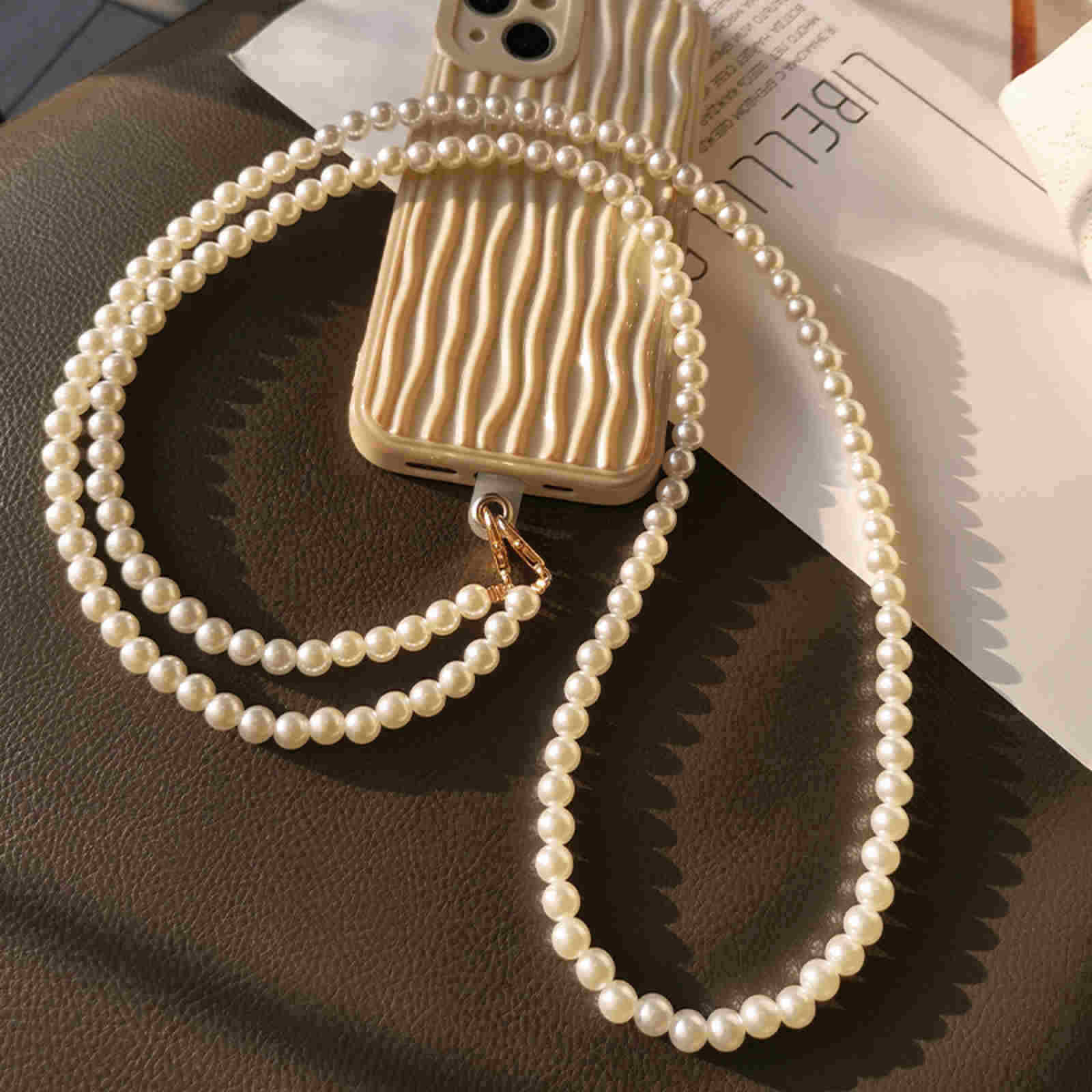 Crossbody Phone Chain Long Pearl Chain Crossbody Phone Strap Case