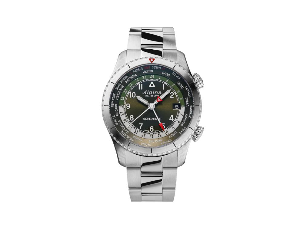 Alpina Startimer Pilot Quartz Worldtimer Watch, 41 mm, Green, Day