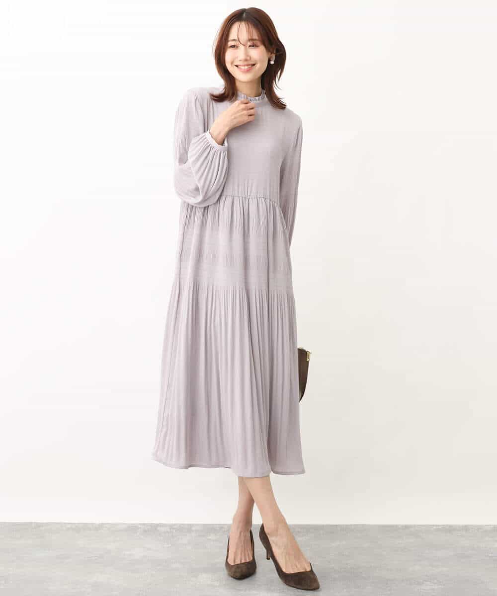 シフォンジョーゼットフリルネックプリーツワンピース/洗える