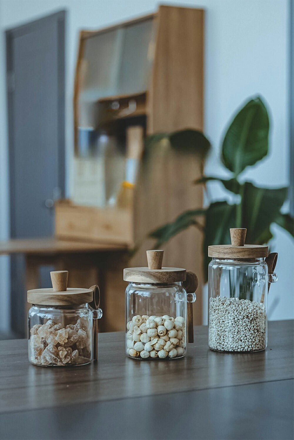 IwaiLoft【スプーン付き】天然木の蓋 ガラスキャニスター 珈琲