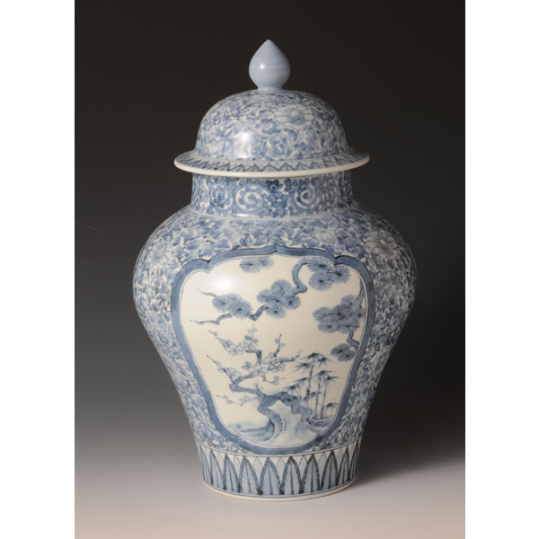 Japan Pottery Net / 染付窓絵草花文蓋付壷