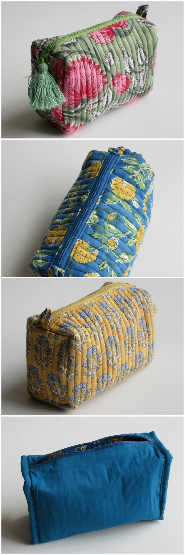 ポーチ ブロックプリント マチ付き キルティングポーチ Mサイズ インド