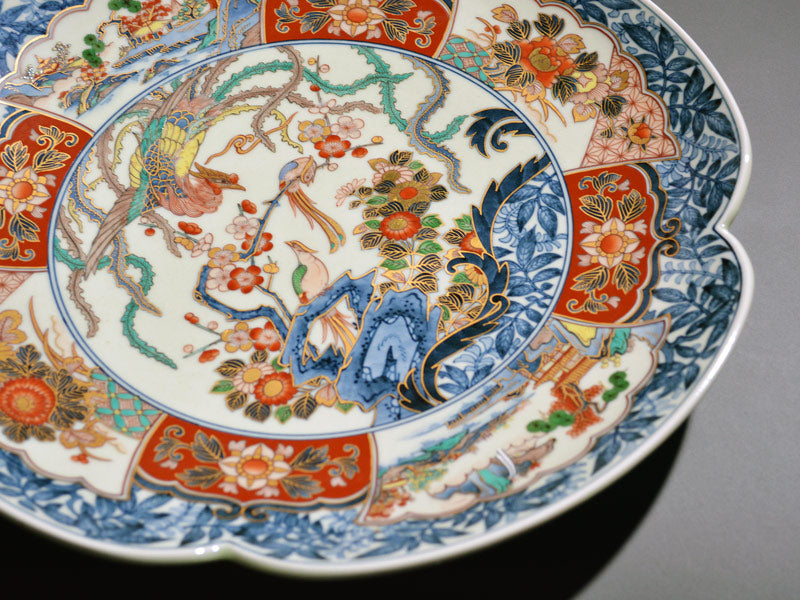 献上手古伊万里焼】飾大絵皿 染錦本金鳳凰吉祥地紋
