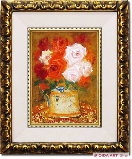 清原啓一 真作「李朝壺の薔薇」 油彩6号 サイン 裏面に題名・
