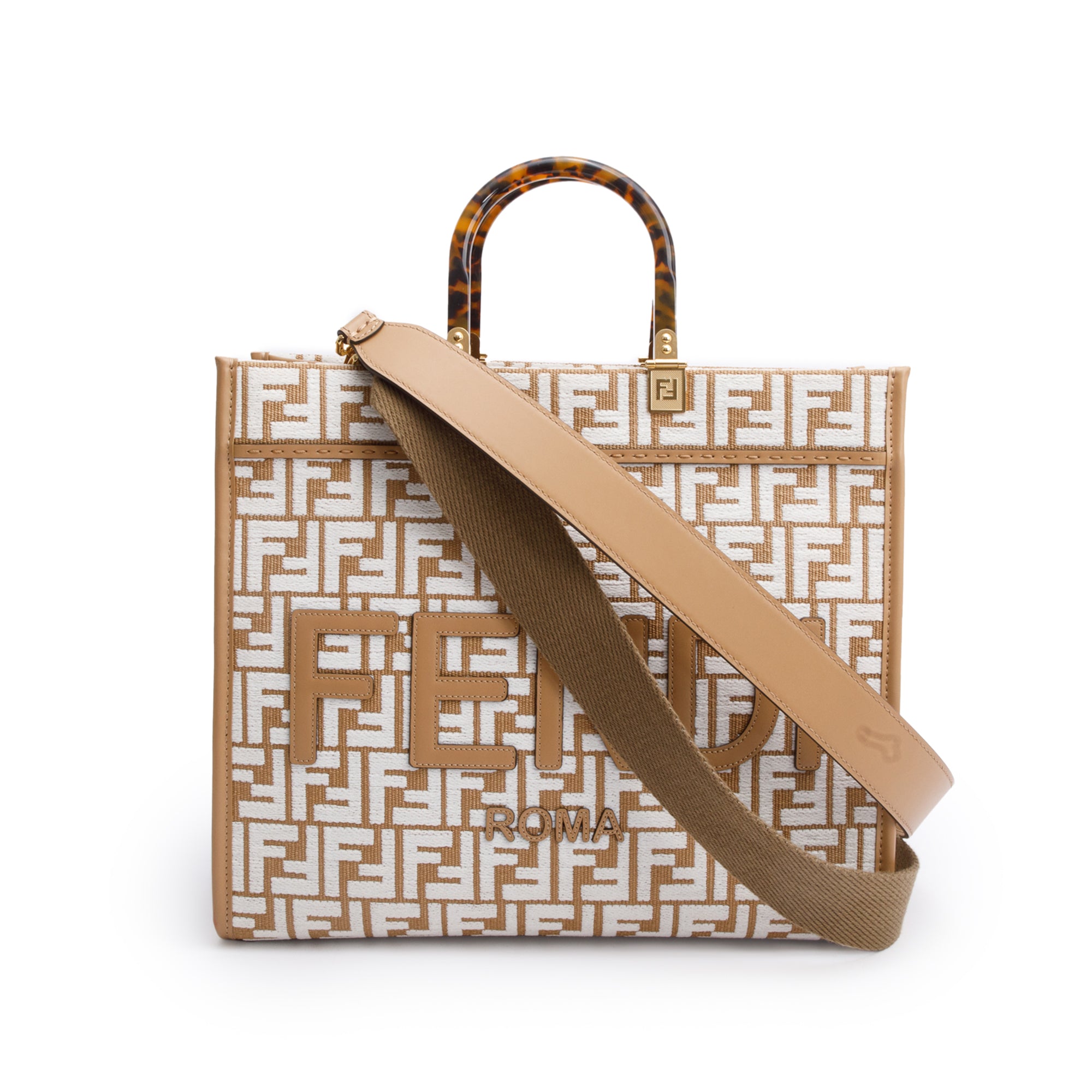 Fendi Beige Zucca FF Raffia Medium Sunshine Tote Bag w/ Strap