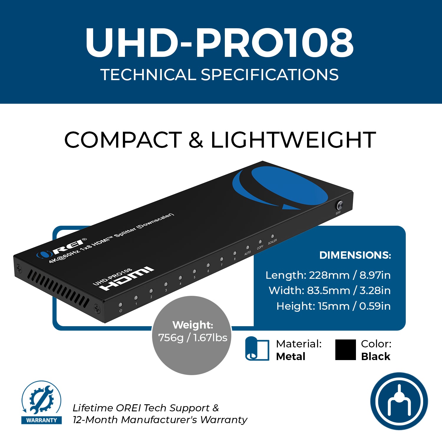 4K@60Hz 1x8 HDMI Splitter (Downscaler) UHD-PRO108 – OREI.COM