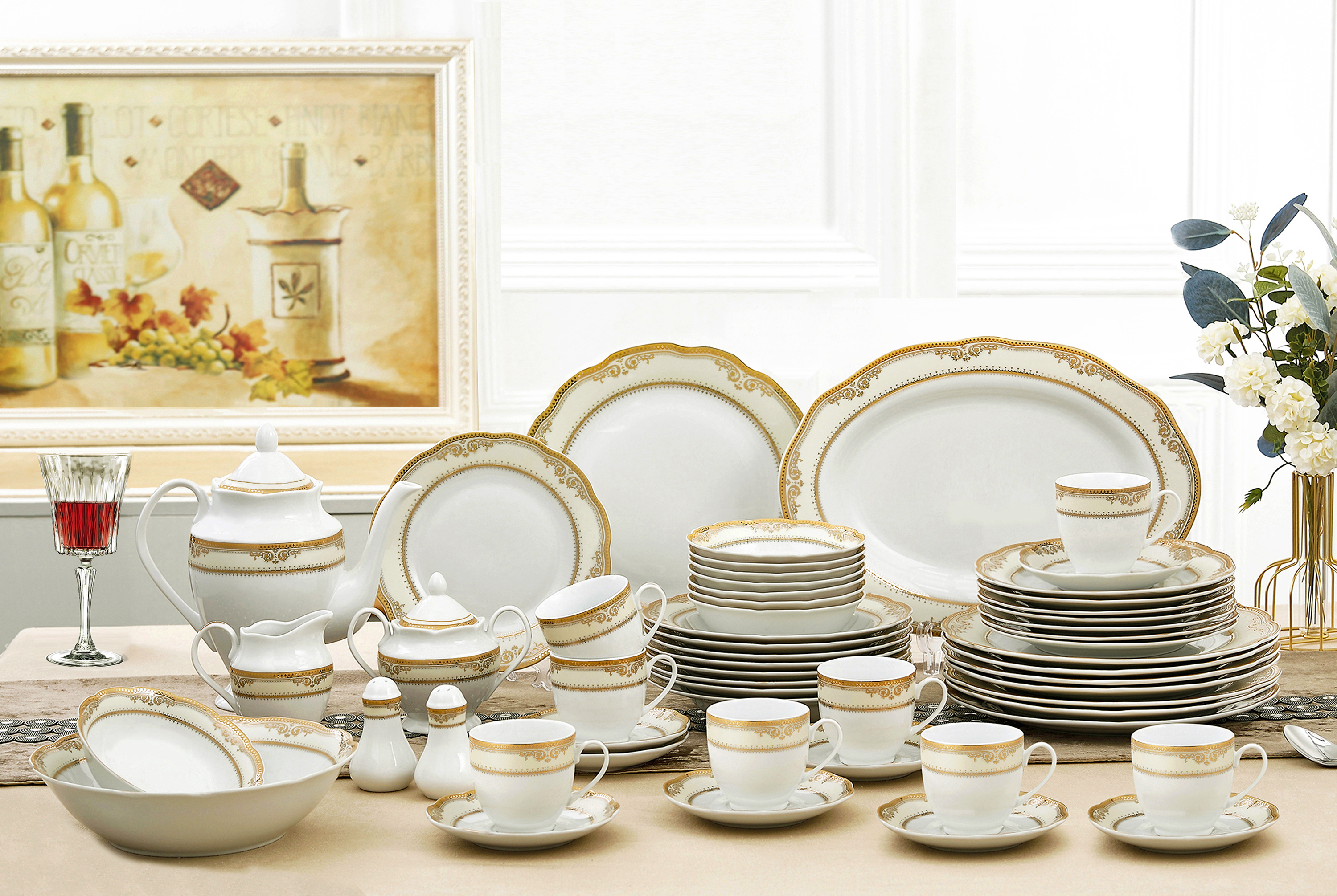 57 Piece Wavy Edge Gold Border Dinnerware, Service for 8. By