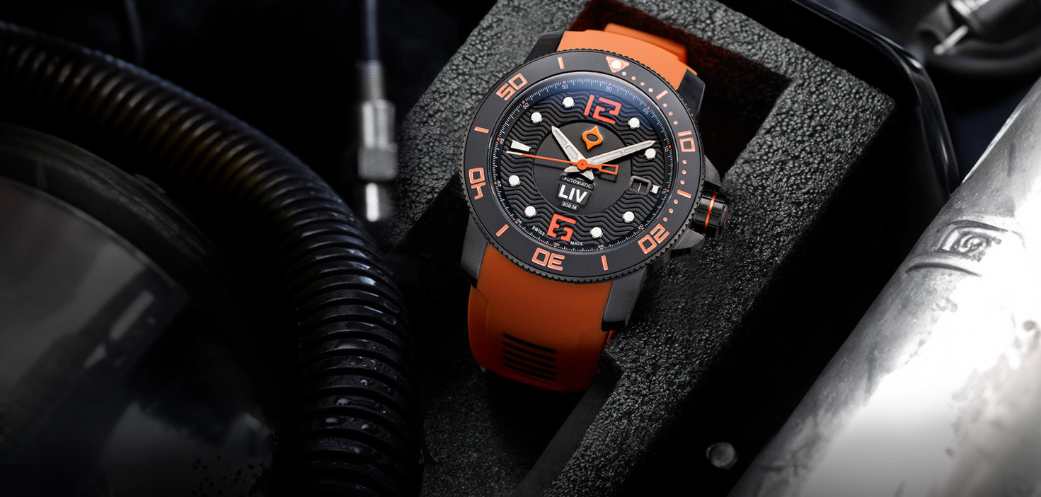 Shop Signature Orange LIV GX-Diver's Swiss Made Automatic Watch