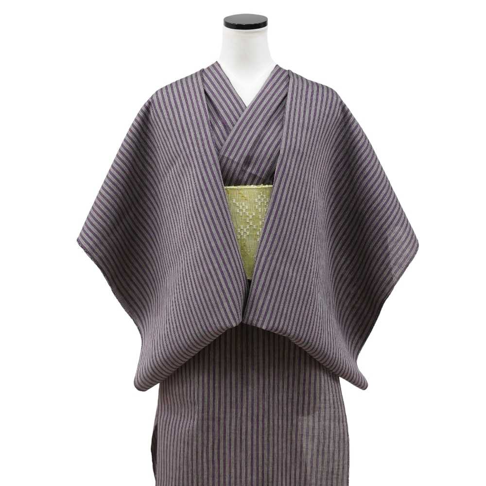 洗える綿麻着物 近江ちぢみ「グレイ×パープルストライプ」広幅｜ひでや