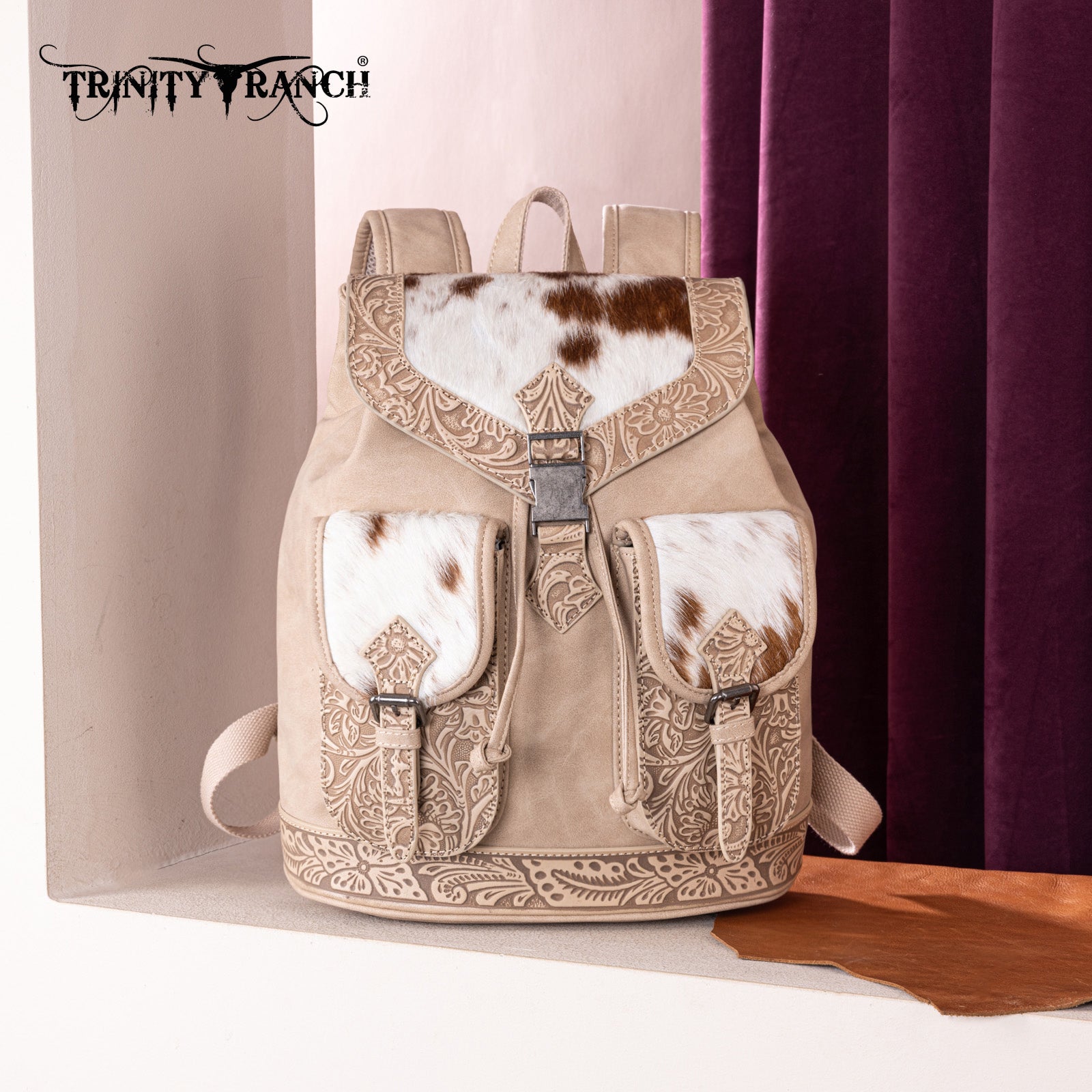 TR185-9110 Trinity Ranch Genuine Hair-On Cowhide Tooled Backpack