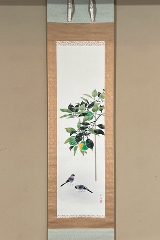 掛け軸 月峰 『 松鶴 』 絹本 希少 軸装 茶道具 掛軸 美品 です