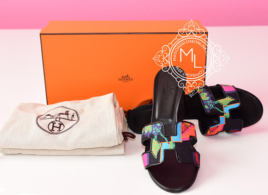 Hermes Womens Noir Modernisme Tropical Oasis 36.5 Shoes Sandal