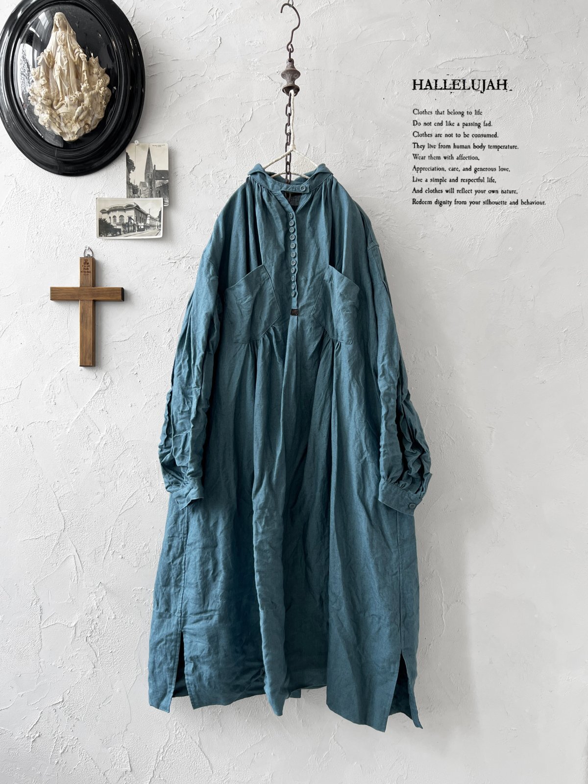 HALLELUJAH／1890's Bourgeron 羊飼いシャツワンピース・turquoise