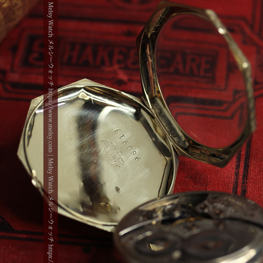 八角形 ウォルサムの金無垢アンティーク懐中時計 金彩文字盤