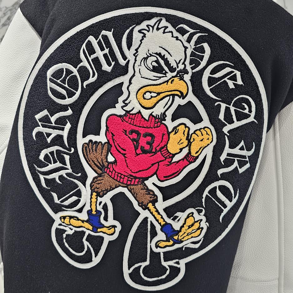 CHROME HEARTS CHICKEN 33 Cross Patch Leather Sleeve Varcity Jacket