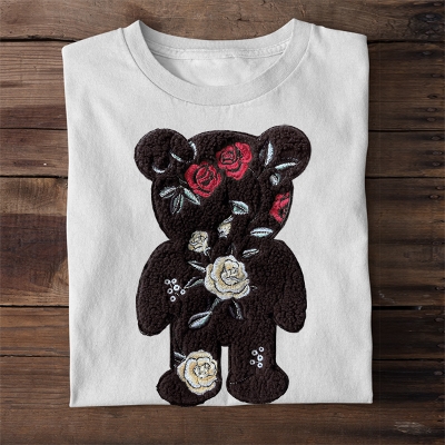 ヴィンテージ花柄 薔薇 ローズ 刺繍 くま もこもこ ぷくふわ ワッペン