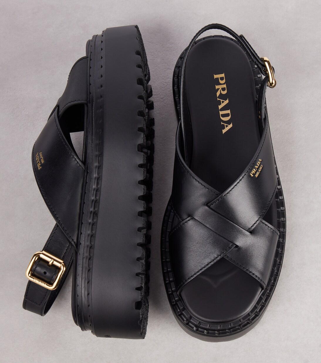 Leather platform sandals in black - Prada | Mytheresa