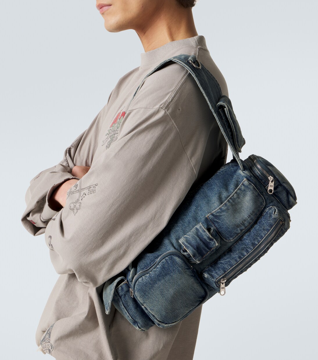 Superbusy Sling Small denim shoulder bag in blue - Balenciaga