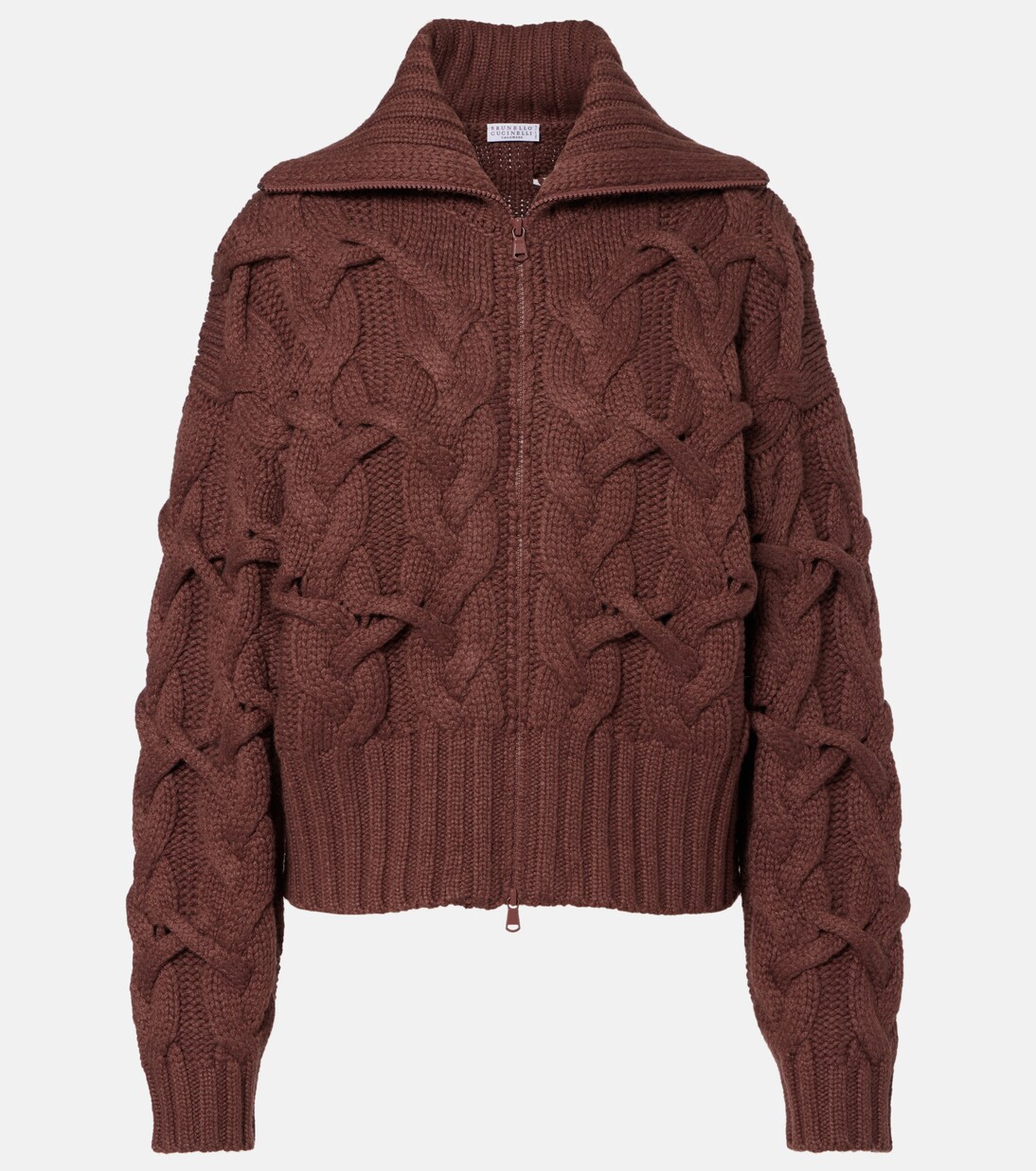 Cable-knit cashmere zip-up cardigan in brown - Brunello Cucinelli