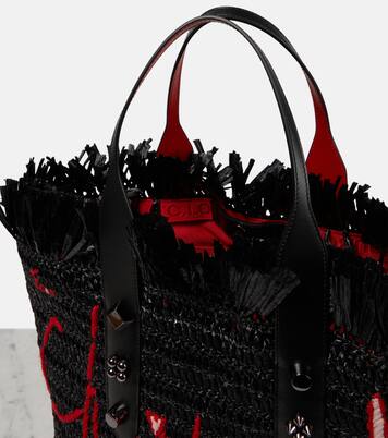 Frangibus Medium embroidered raffia tote bag in black - Christian