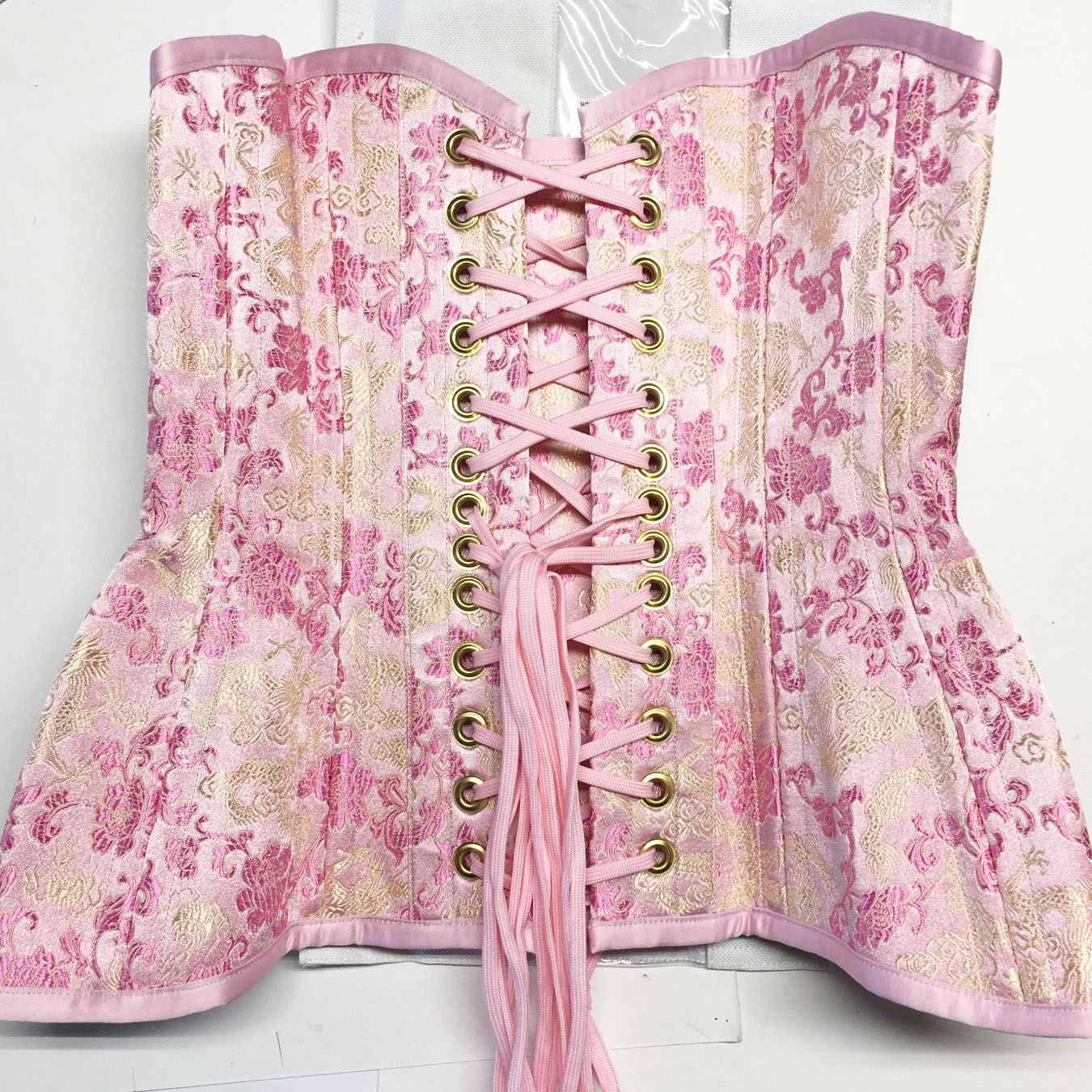 MCC63V Pink Brocade Satin Underbust Corset with hip ties