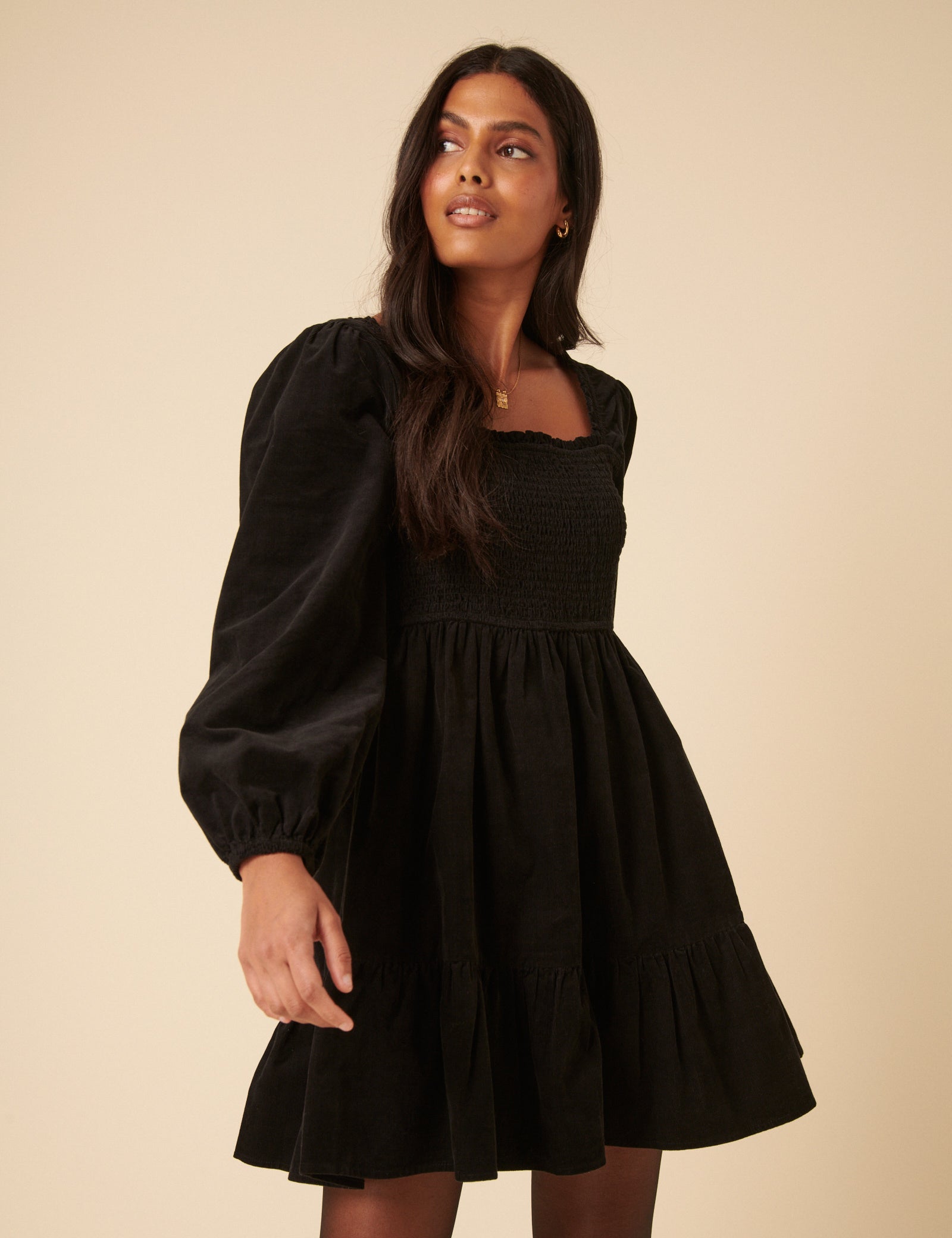 Green Balloon Sleeve Cord Tiered Elsa Mini Dress