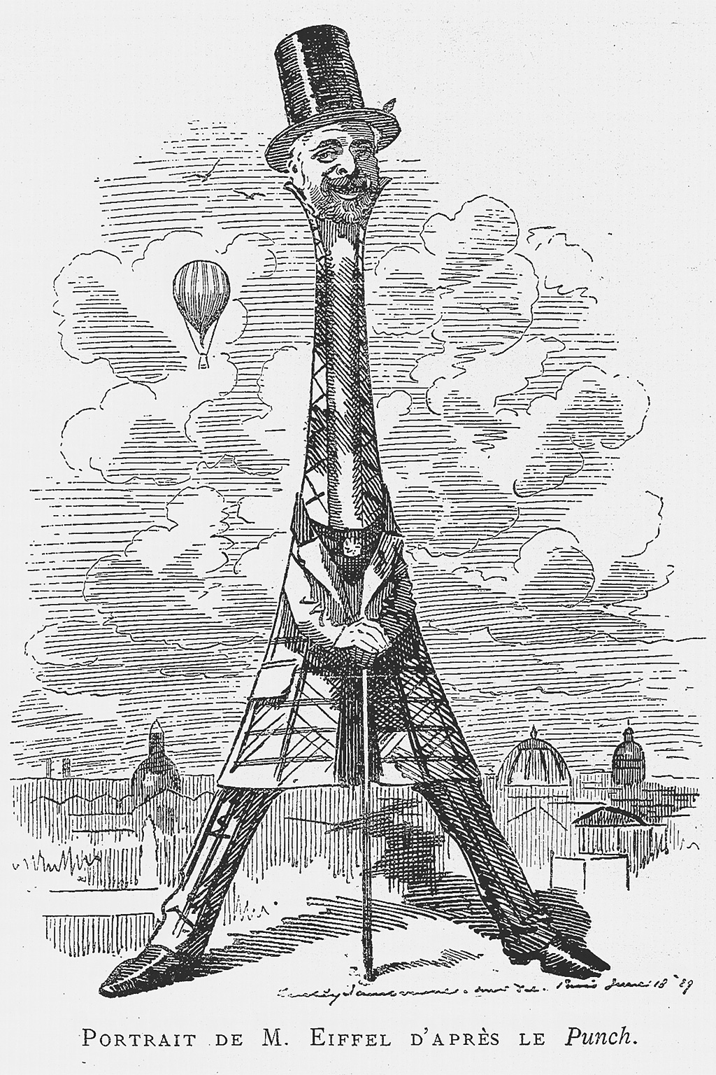 エッフェル氏がエッフェル塔に模された風刺画（拡大画像） | 博覧会