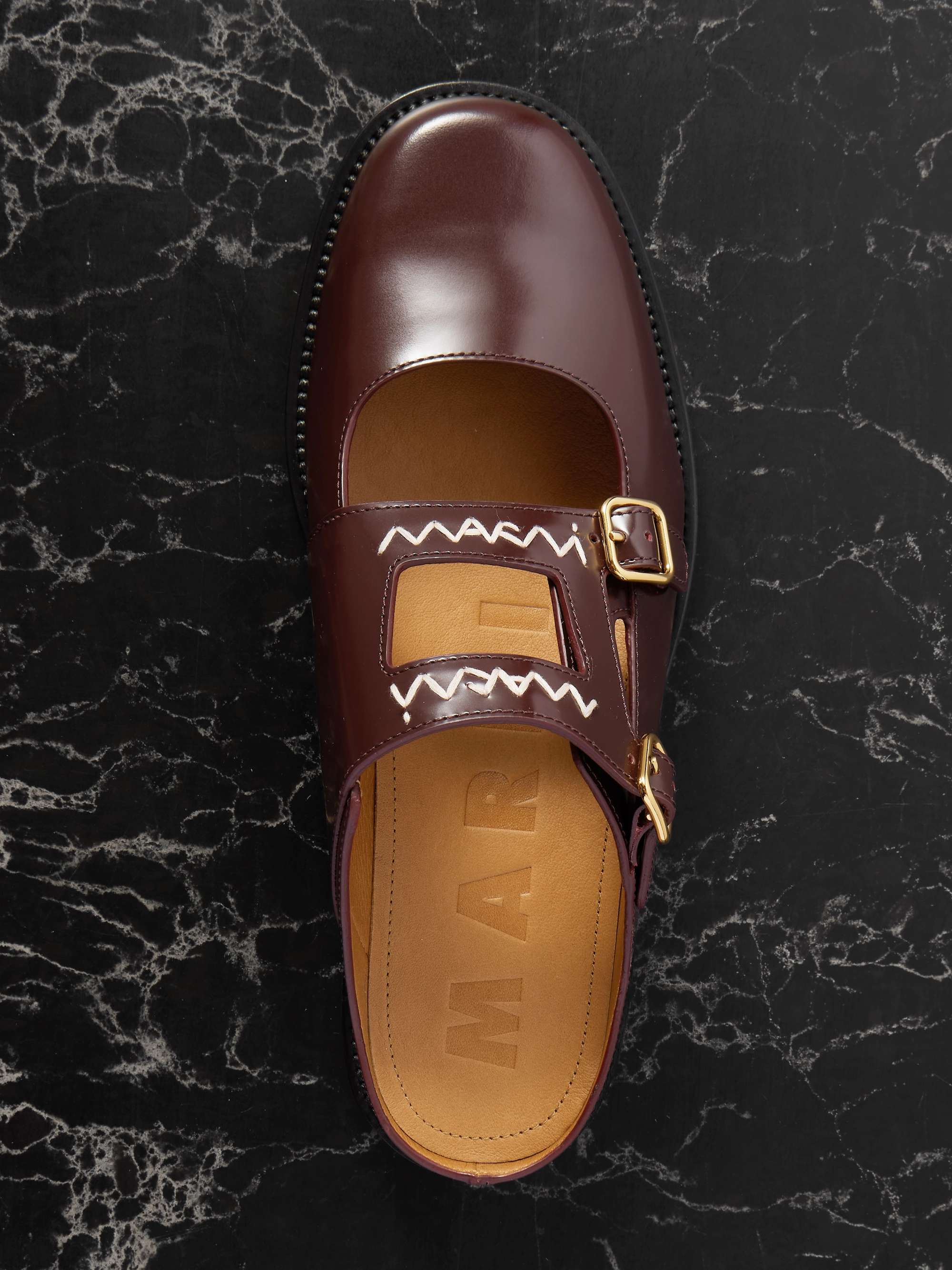 MARNI Embroidered buckle-embellished patent-leather mules | NET-A