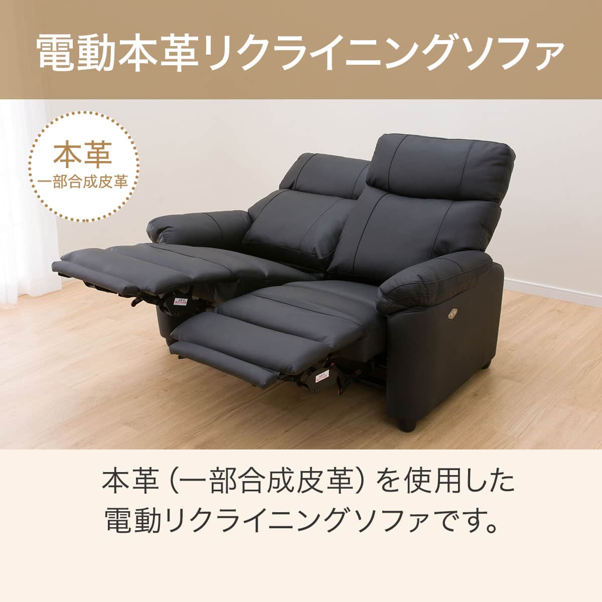 2人掛け電動リクライニングソファ 本革(一部合成皮革)タイプ (グラッゼ