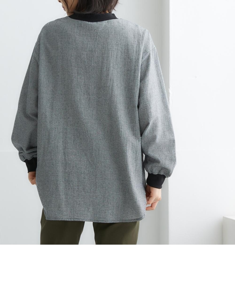 袖口リブ付先染めチェック柄チュニックブラウス（サイドポケット付