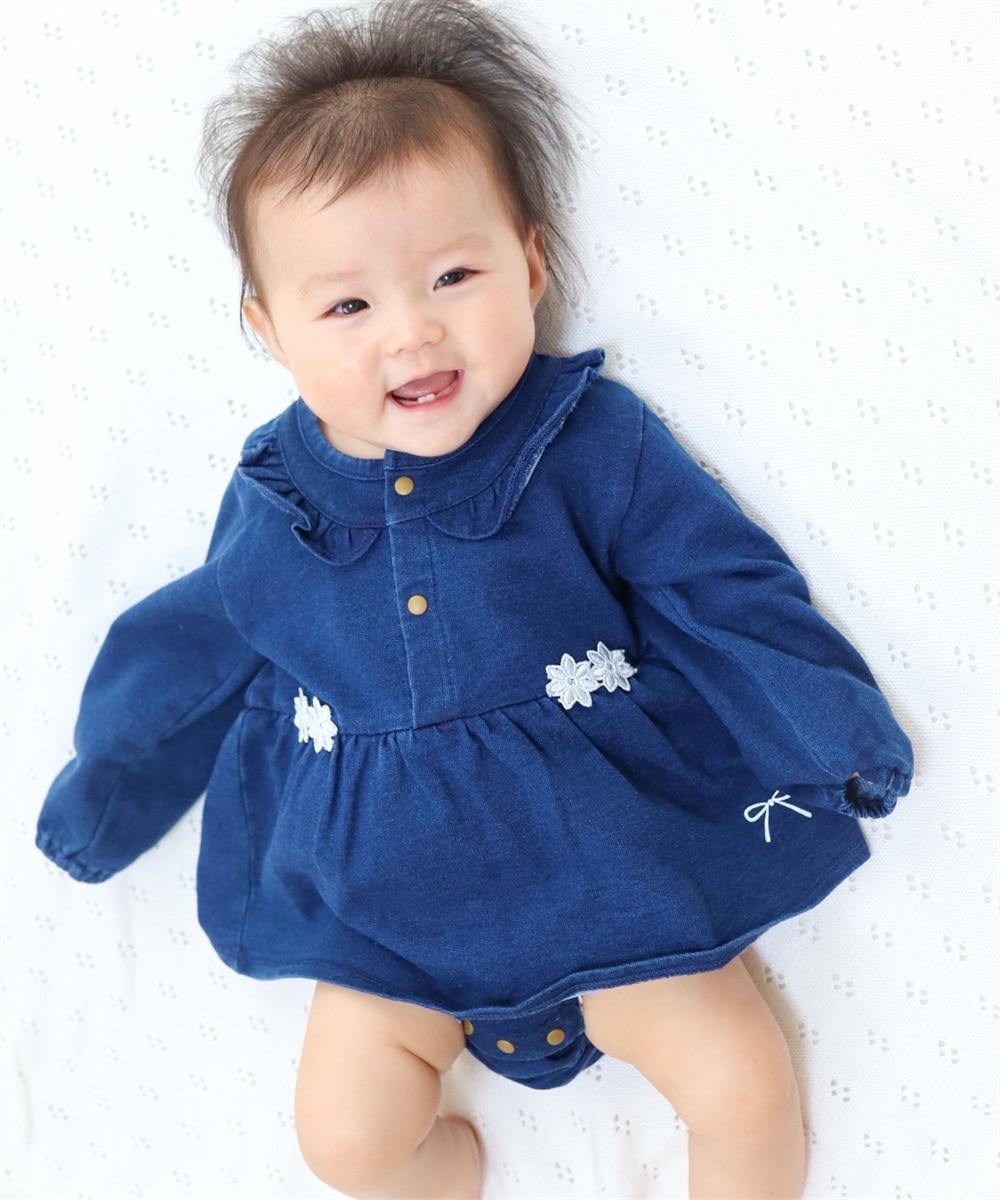 やわらかデニムニット ワンピース風長袖ロンパース（女の子） 通販