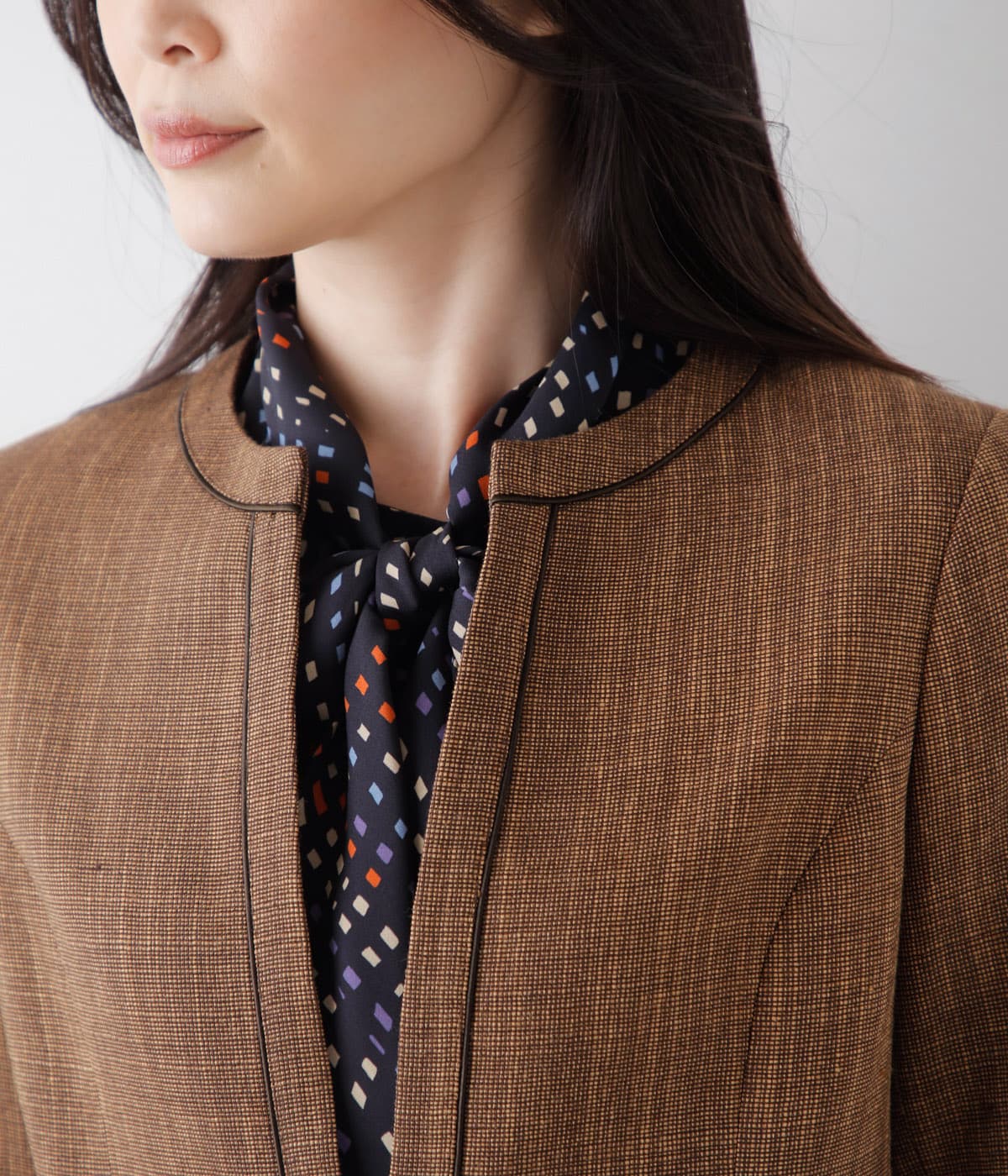 L】クラフトスラブツィードパイピングノーカラージャケット(54113151