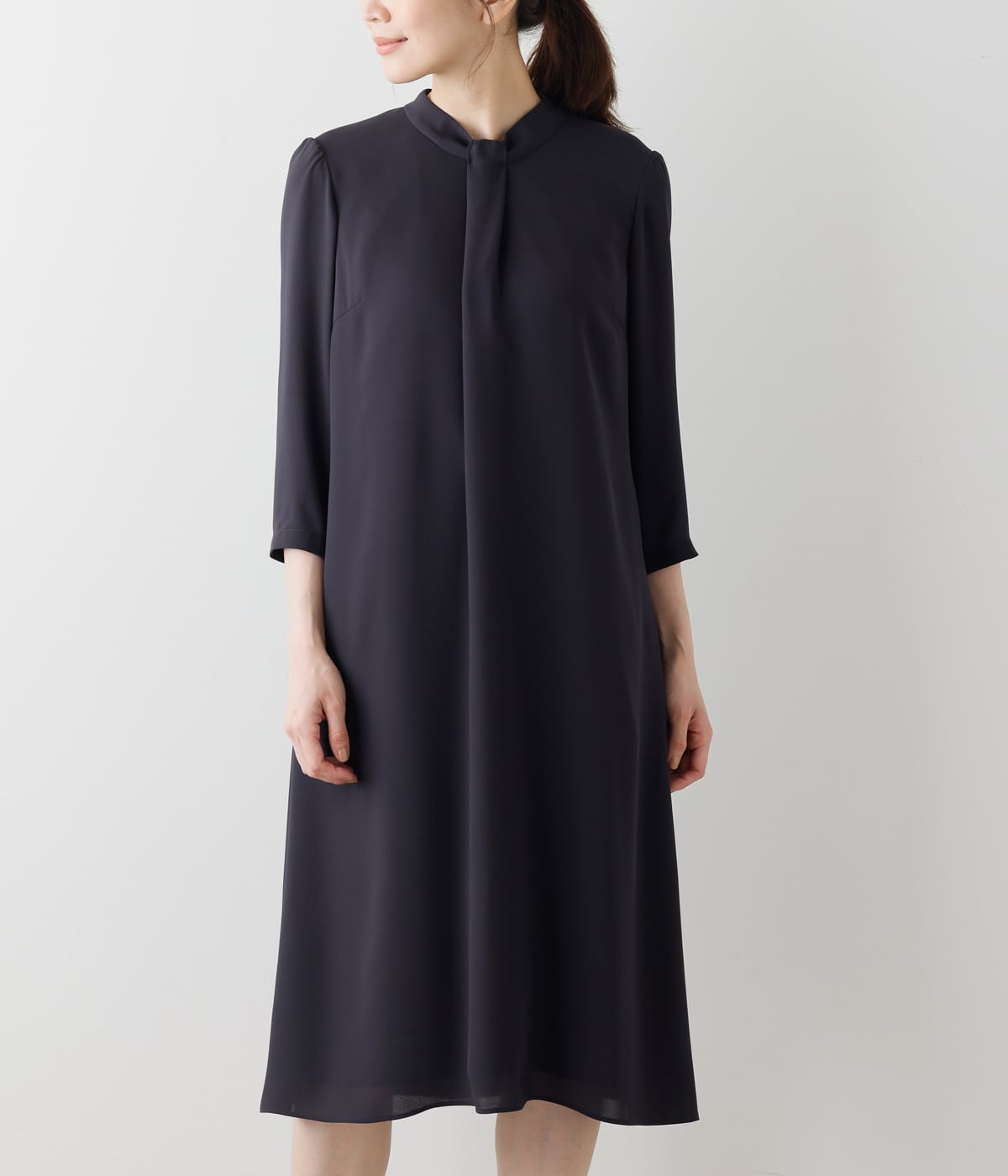 L】ポリエステルソフトクロス 7分袖ボウタイ風ワンピース(54443155