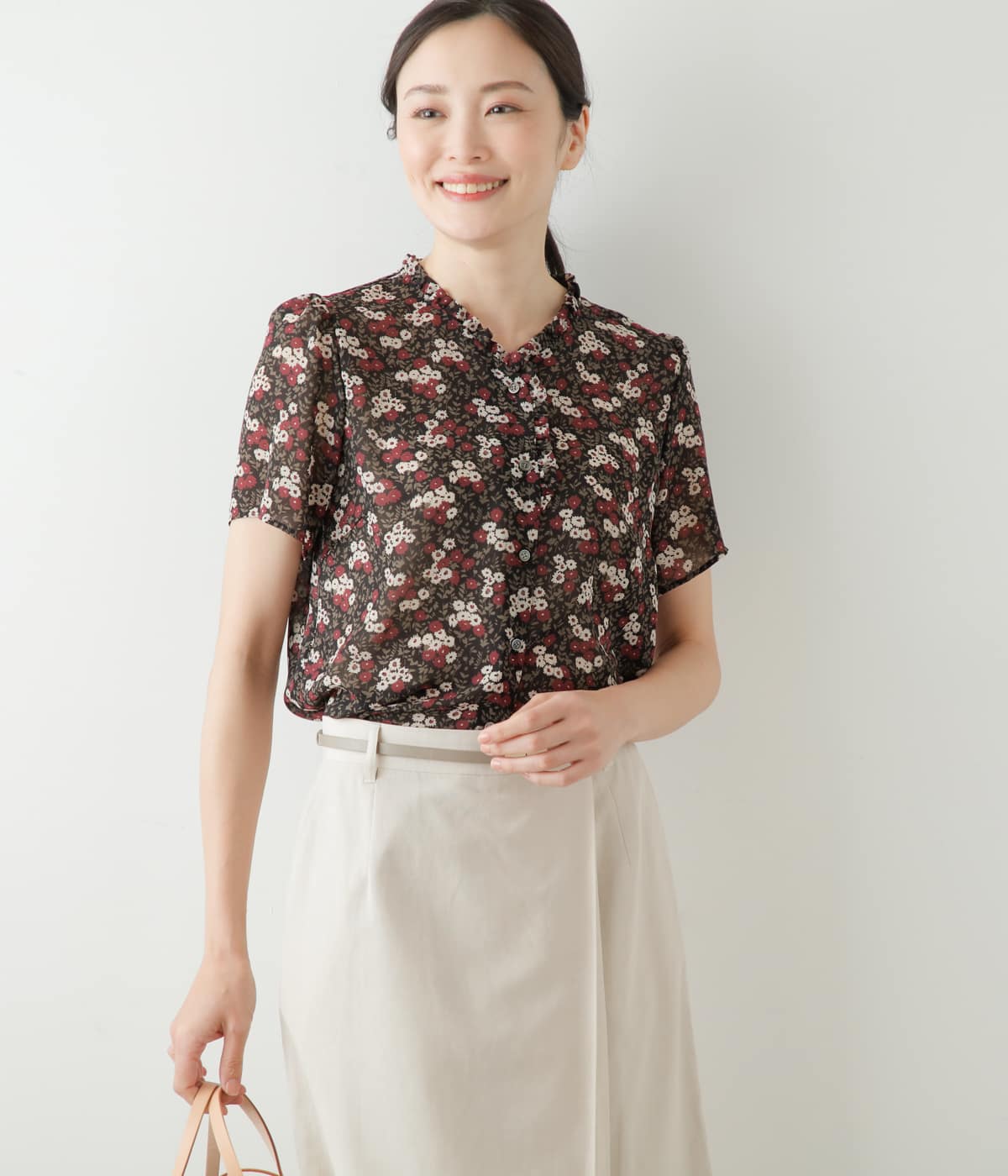 ブロッサムプリント Vネックフリルブラウス(51653110-2024