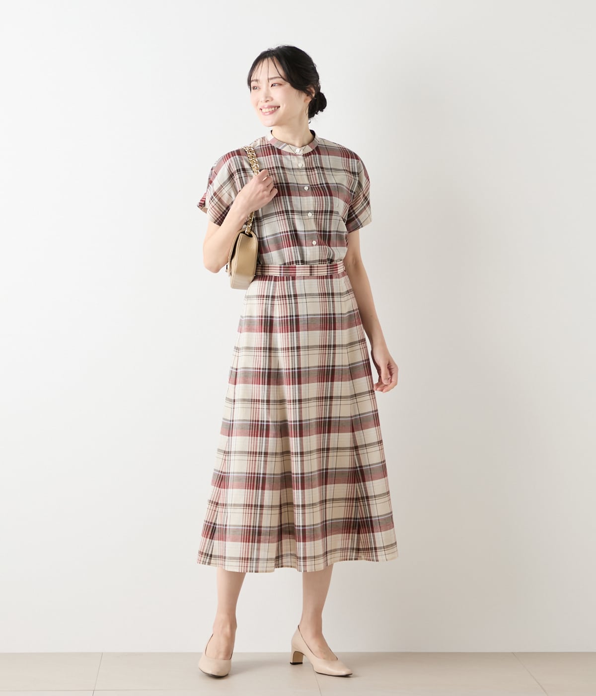 L】リネン混マドラスチェック ドルマンスリーブブラウス(54655263-2025