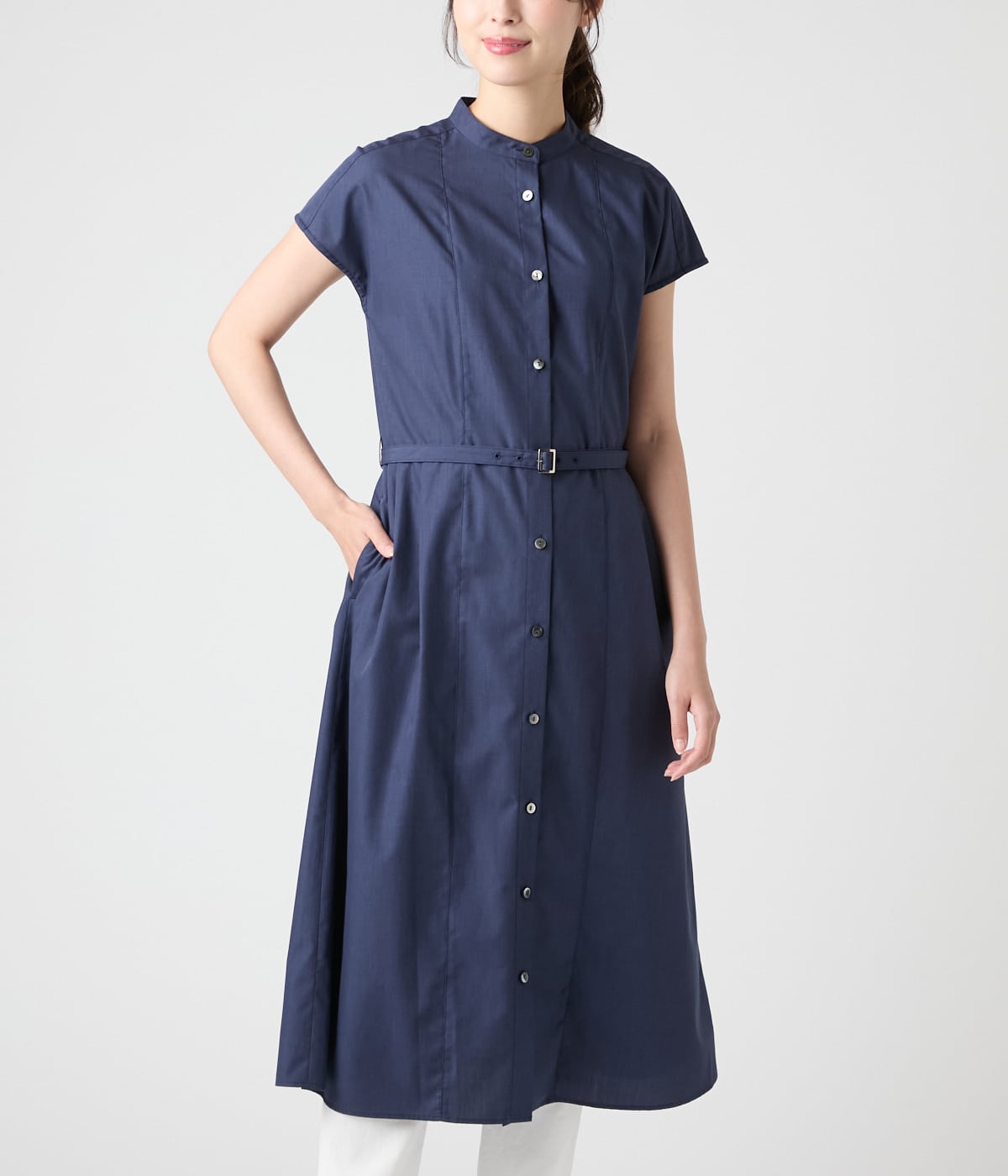 ウォッシャブル】TCシャンブレー フレンチスリーブシャツワンピース
