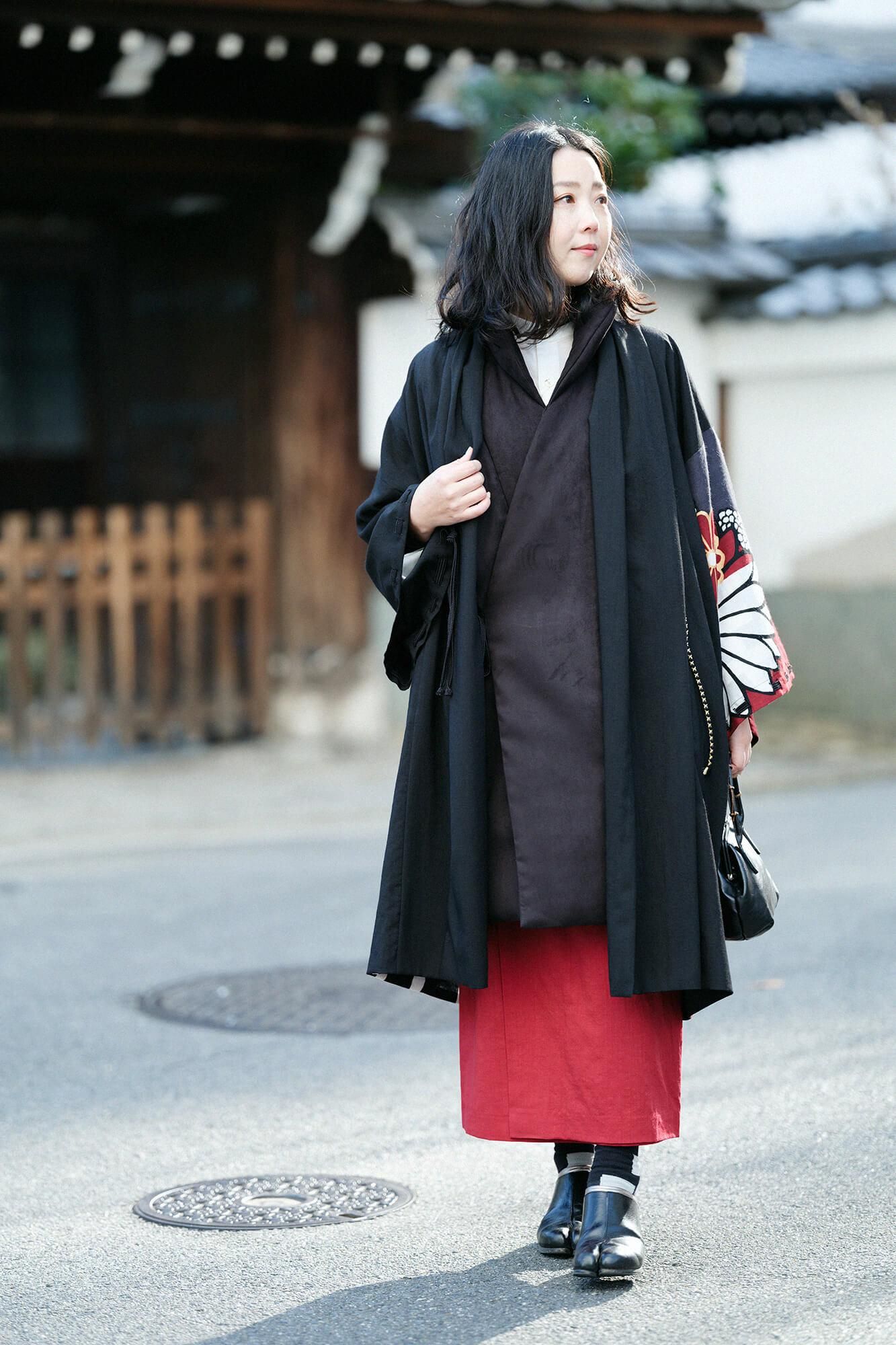 フェイクヌバック 長陣羽織 中綿袷（なかわたあわせ）／濡羽色 女F