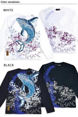 粋 桜舞う座頭鯨ロングTシャツ 絡繰魂 233080 和柄 和風 くじら クジラ