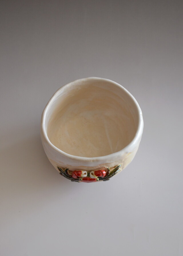 カニ彫白楽茶碗 水月焼 好川恒方作Antique Sam's Collection 茶道具